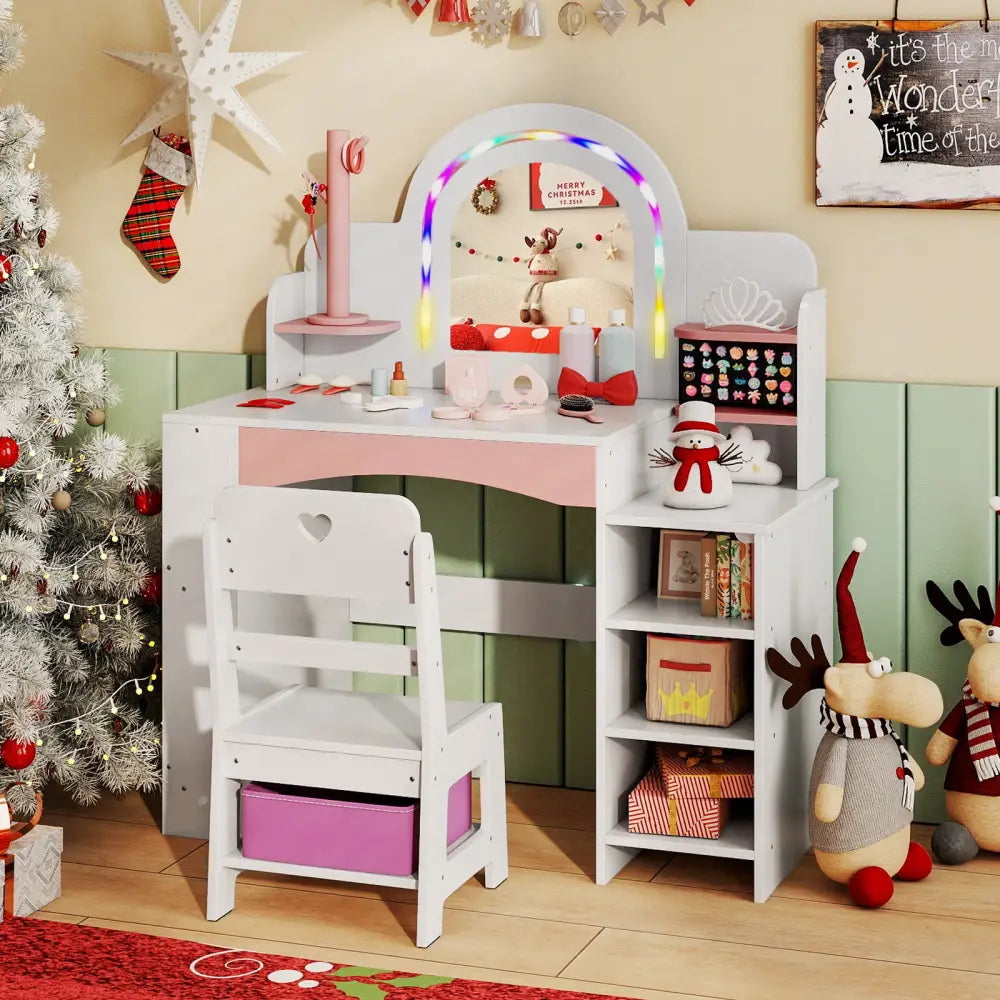 Kids Vanity Set with Colorful LED Lights Princess Makeup Dressing Table with Chair-White - White - Kids Vanities