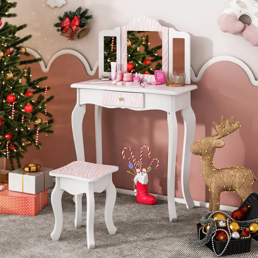 Kids Vanity Set with Drawer and 3 Makeup Accessories-Pink - Pink - Kids Vanities