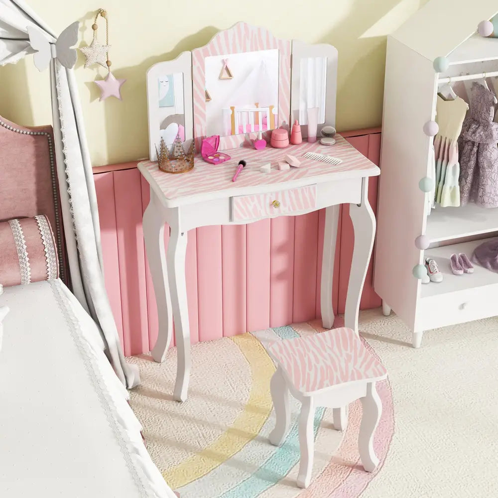 Kids Vanity Set with Drawer and 3 Makeup Accessories-Pink - Pink - Kids Vanities