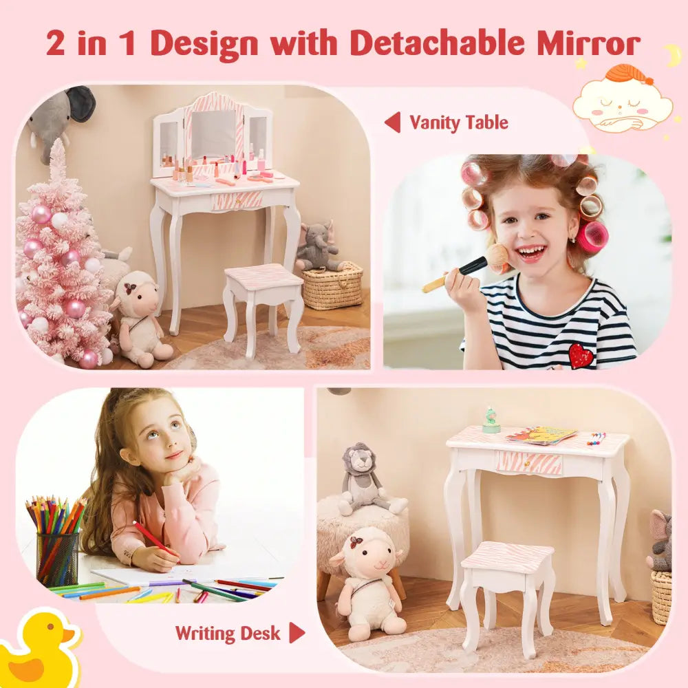 Kids Vanity Set with Drawer and 3 Makeup Accessories-Pink - Pink - Kids Vanities