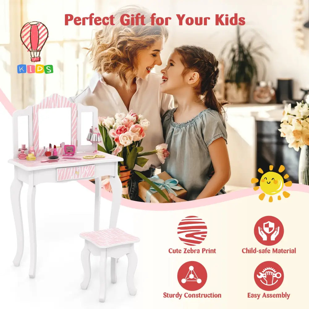 Kids Vanity Set with Drawer and 3 Makeup Accessories-Pink - Pink - Kids Vanities