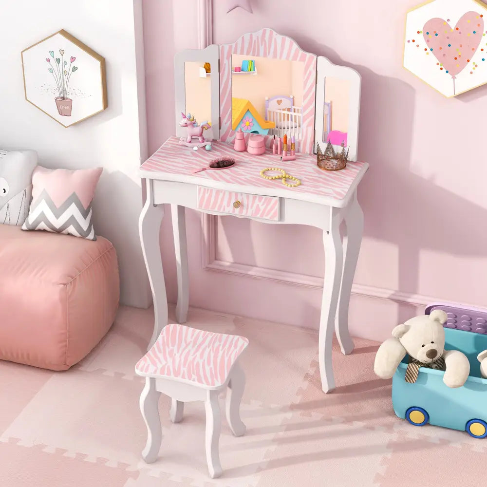 Kids Vanity Set with Drawer and 3 Makeup Accessories-Pink - Pink - Kids Vanities