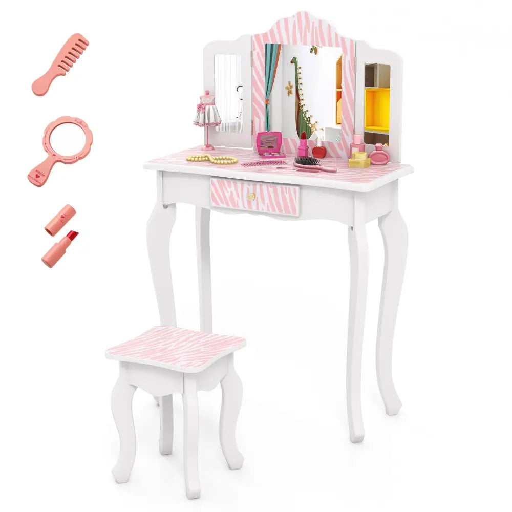 Kids Vanity Set with Drawer and 3 Makeup Accessories-Pink - Pink - Kids Vanities