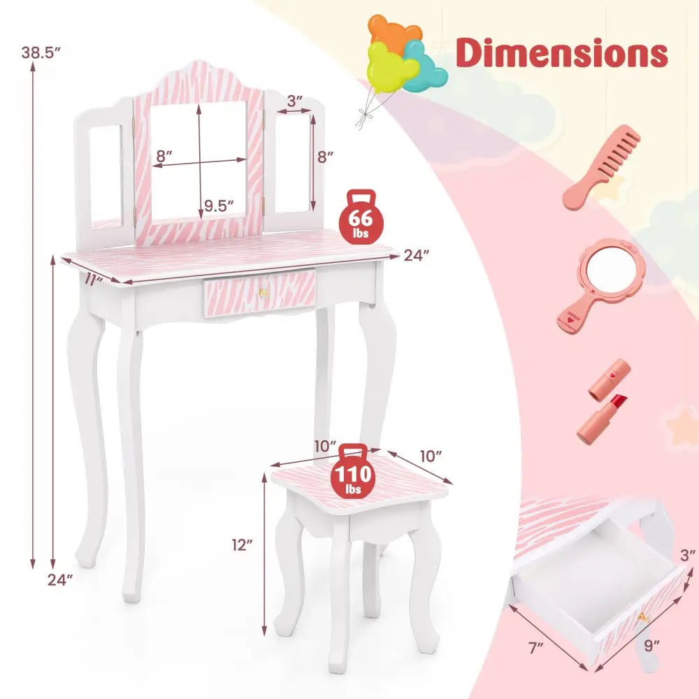 Kids Vanity Set with Drawer and 3 Makeup Accessories-Pink - Pink - Kids Vanities