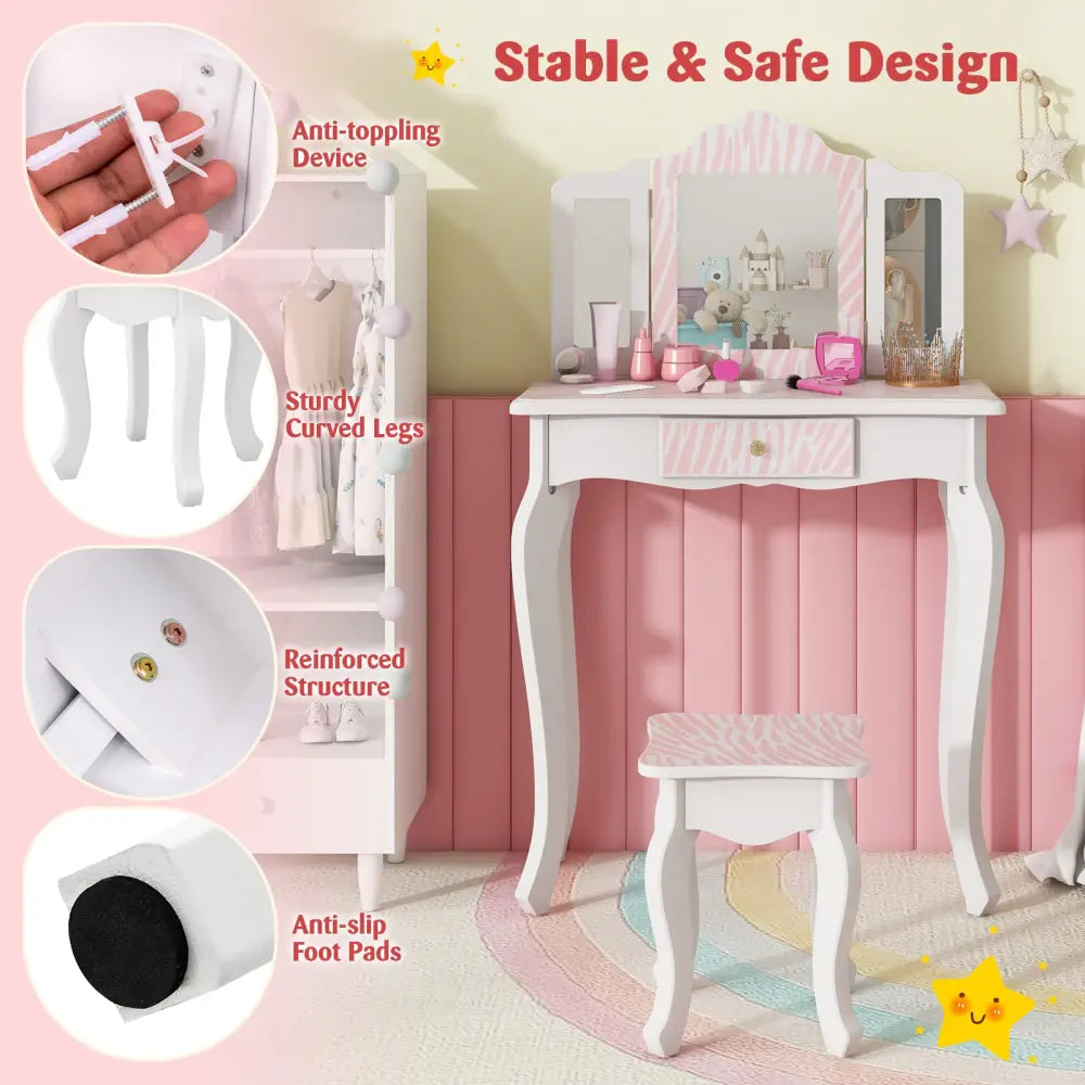 Kids Vanity Set with Drawer and 3 Makeup Accessories-Pink - Pink - Kids Vanities