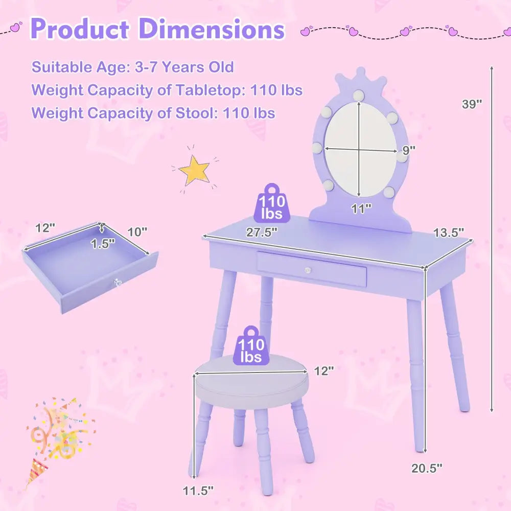 Kids Vanity Set with Lighted Mirror with Adjustable Brightness and Large Drawer-Purple - Purple - Kids Vanities