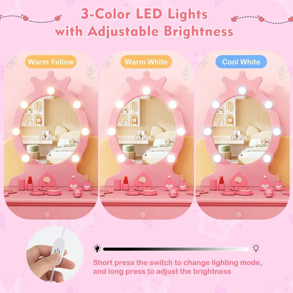 Kids Vanity Set with Lighted Mirror with Adjustable Brightness and Large Drawer-Pink - Pink - Kids Vanities