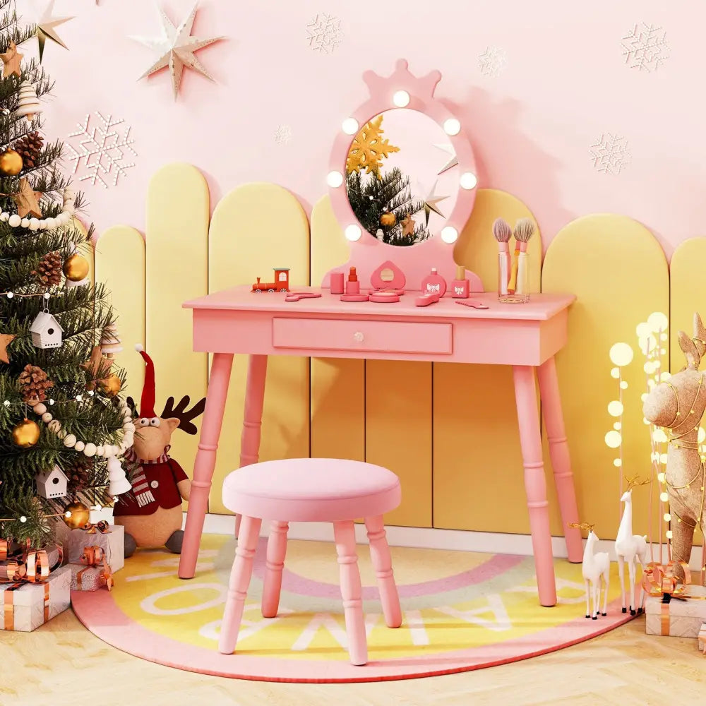 Kids Vanity Set with Lighted Mirror with Adjustable Brightness and Large Drawer-Pink - Pink - Kids Vanities