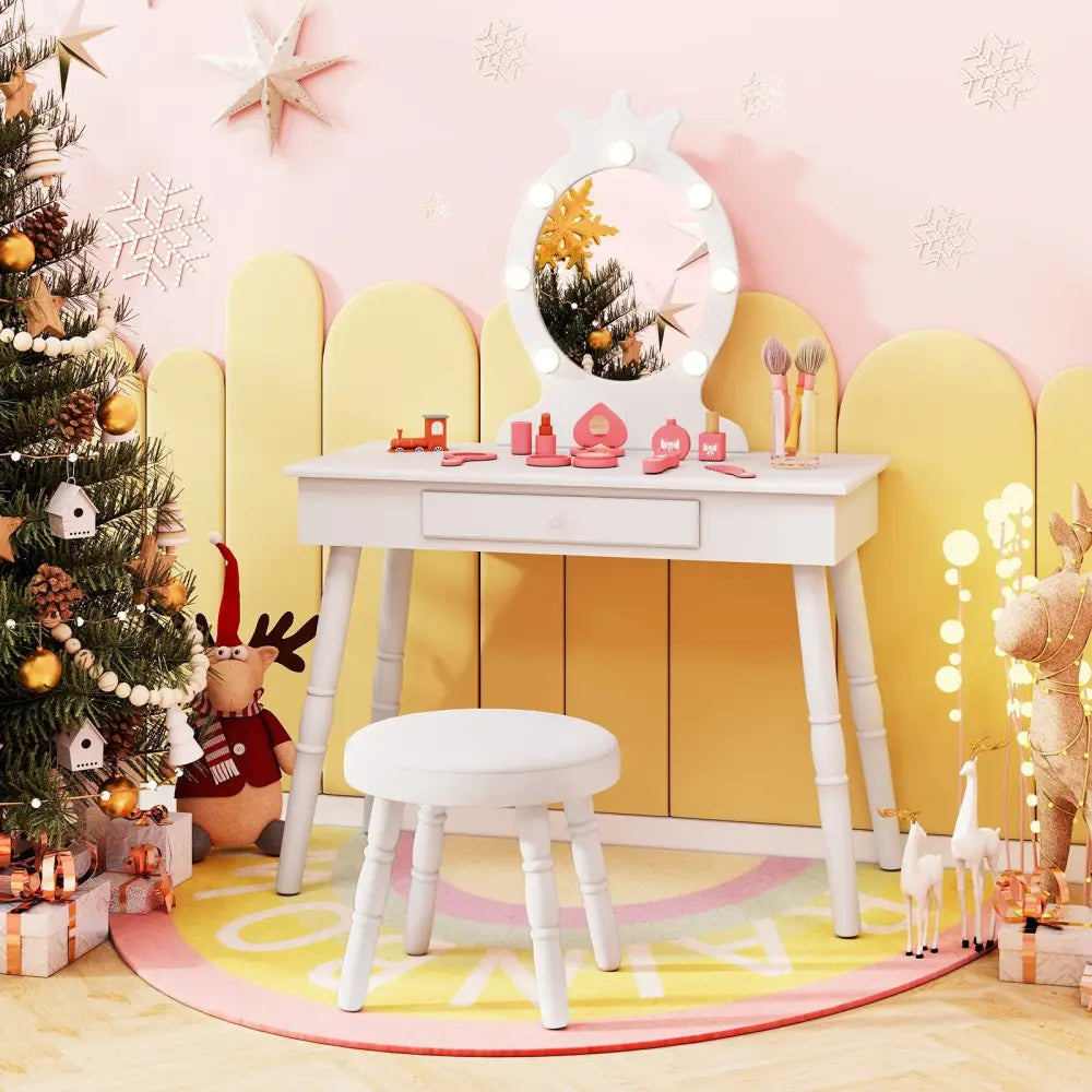Kids Vanity Set with Lighted Mirror with Adjustable Brightness and Large Drawer-White - White - Kids Vanities