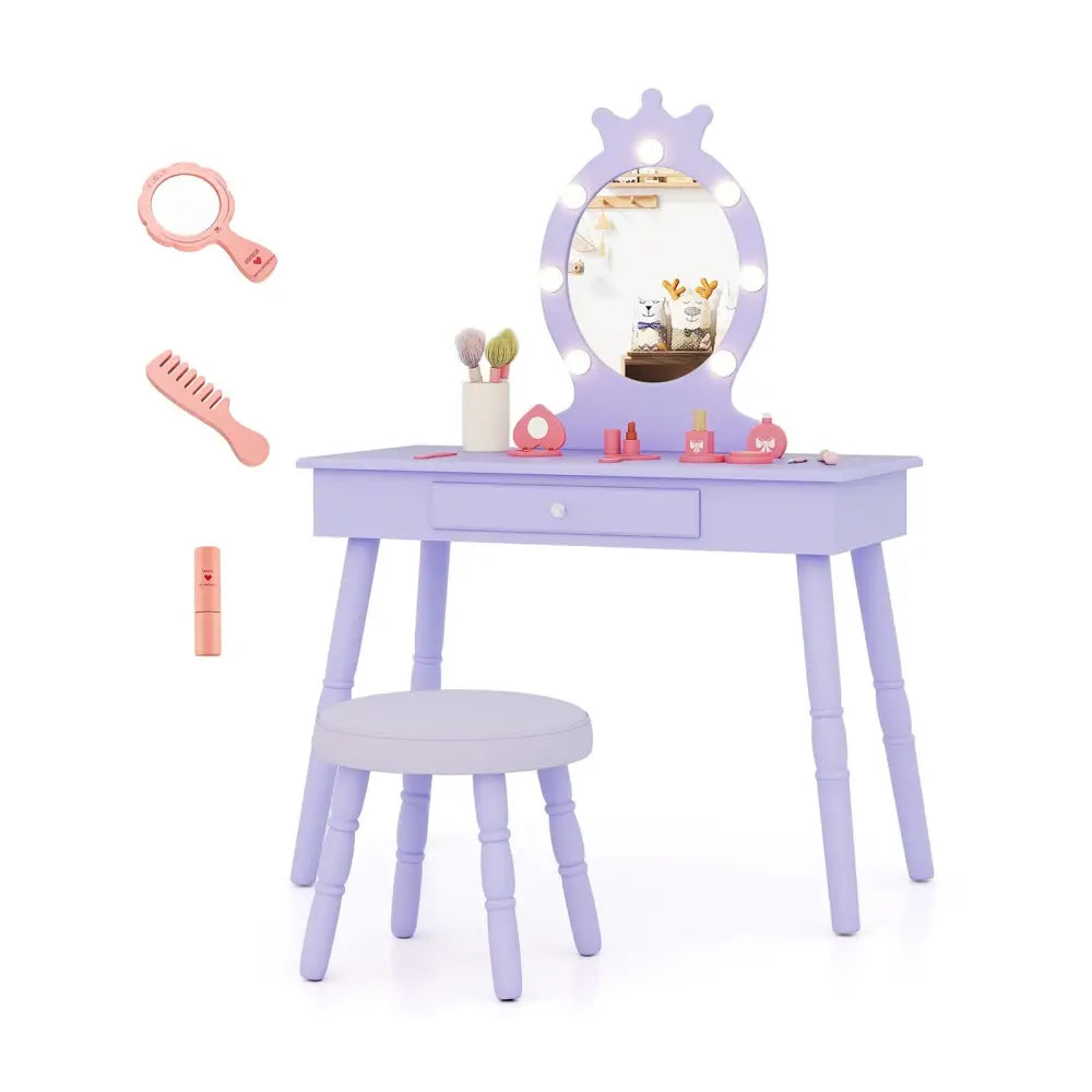 Kids Vanity Set with Lighted Mirror with Adjustable Brightness and Large Drawer-Purple - Purple - Kids Vanities