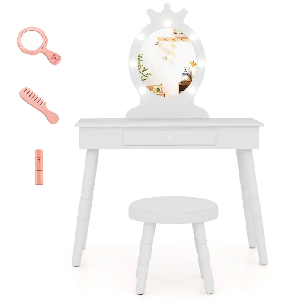 Kids Vanity Set with Lighted Mirror with Adjustable Brightness and Large Drawer-White - White - Kids Vanities