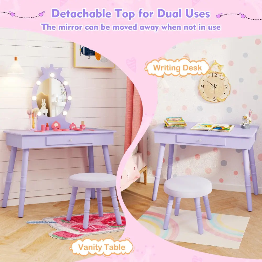 Kids Vanity Set with Lighted Mirror with Adjustable Brightness and Large Drawer-Purple - Purple - Kids Vanities