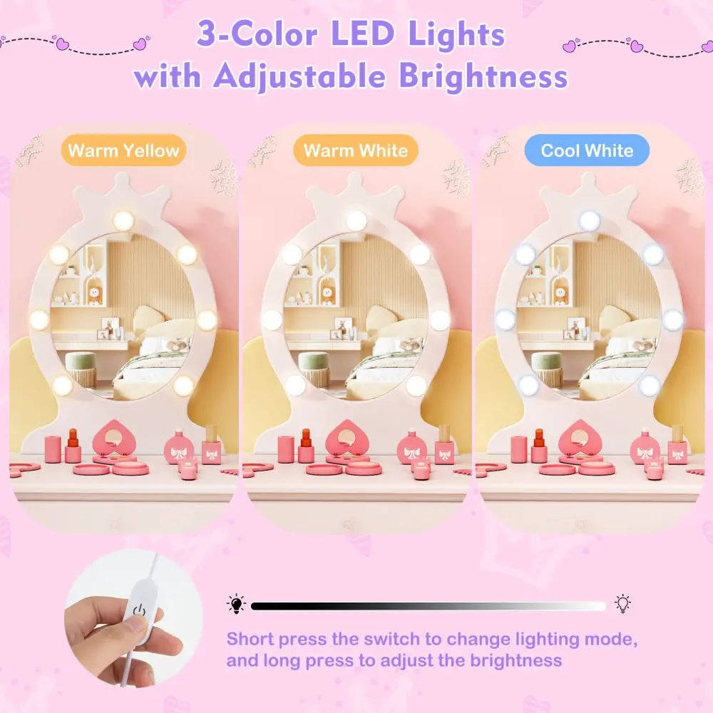 Kids Vanity Set with Lighted Mirror with Adjustable Brightness and Large Drawer-White - White - Kids Vanities