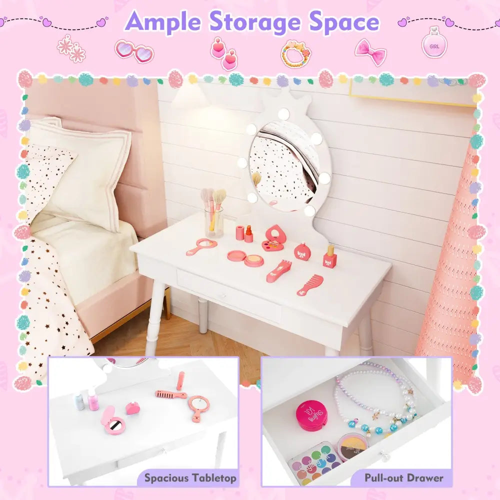Kids Vanity Set with Lighted Mirror with Adjustable Brightness and Large Drawer-White - White - Kids Vanities