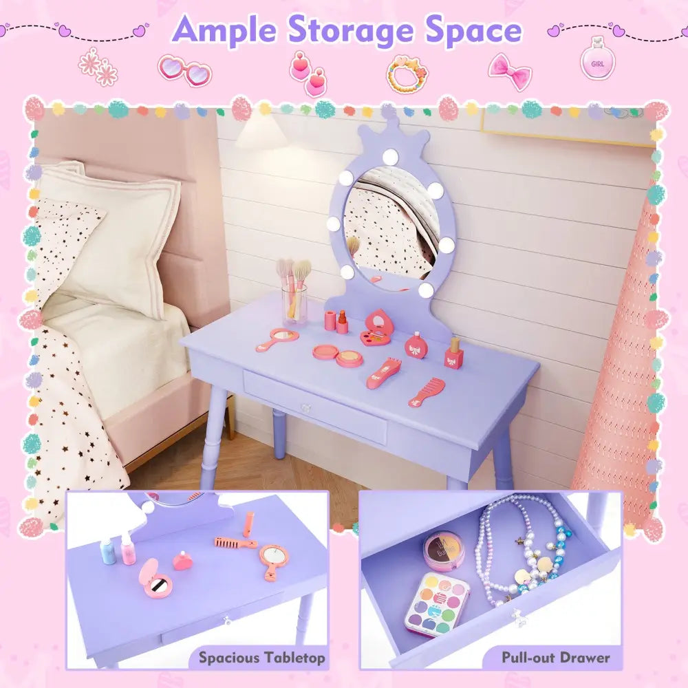 Kids Vanity Set with Lighted Mirror with Adjustable Brightness and Large Drawer-Purple - Purple - Kids Vanities