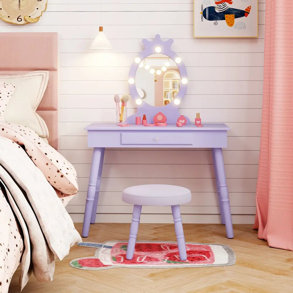 Kids Vanity Set with Lighted Mirror with Adjustable Brightness and Large Drawer-Purple - Purple - Kids Vanities