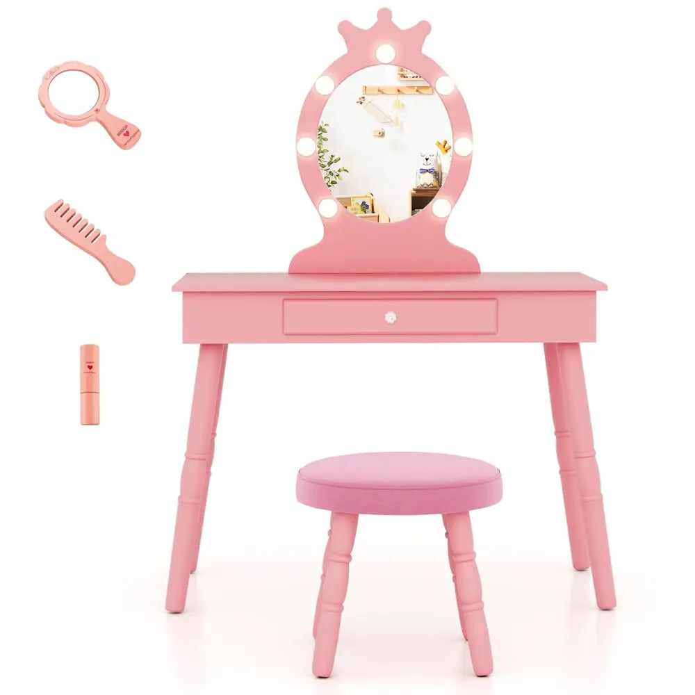 Kids Vanity Set with Lighted Mirror with Adjustable Brightness and Large Drawer-Pink - Pink - Kids Vanities