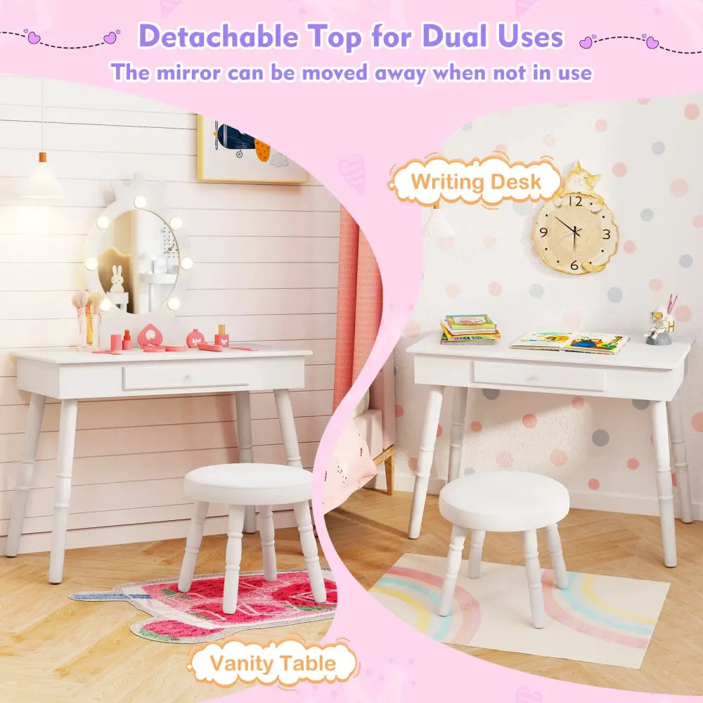 Kids Vanity Set with Lighted Mirror with Adjustable Brightness and Large Drawer-White - White - Kids Vanities