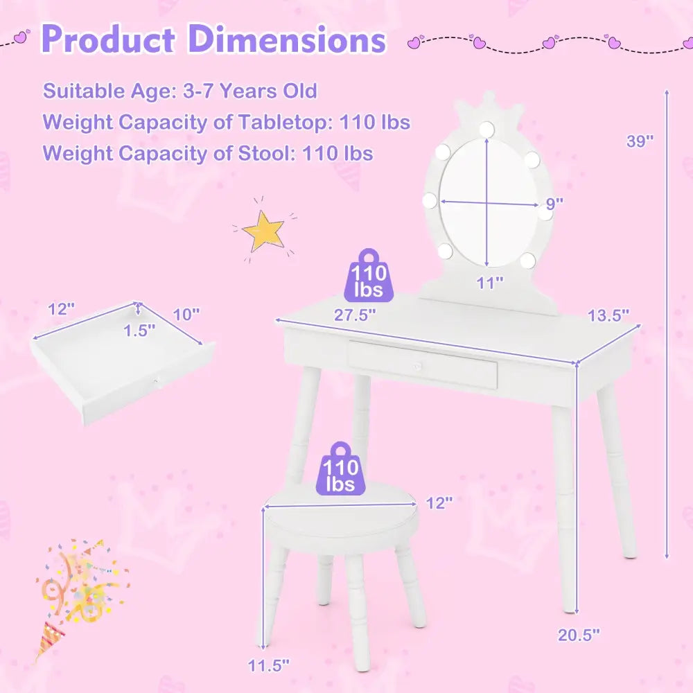 Kids Vanity Set with Lighted Mirror with Adjustable Brightness and Large Drawer-White - White - Kids Vanities