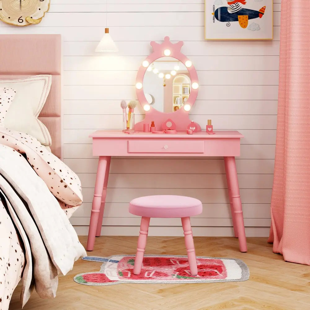 Kids Vanity Set with Lighted Mirror with Adjustable Brightness and Large Drawer-Pink - Pink - Kids Vanities