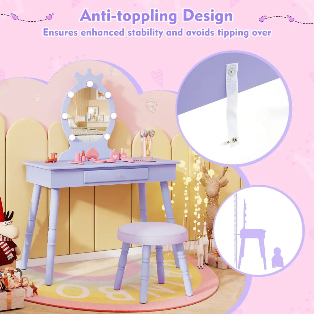 Kids Vanity Set with Lighted Mirror with Adjustable Brightness and Large Drawer-Purple - Purple - Kids Vanities