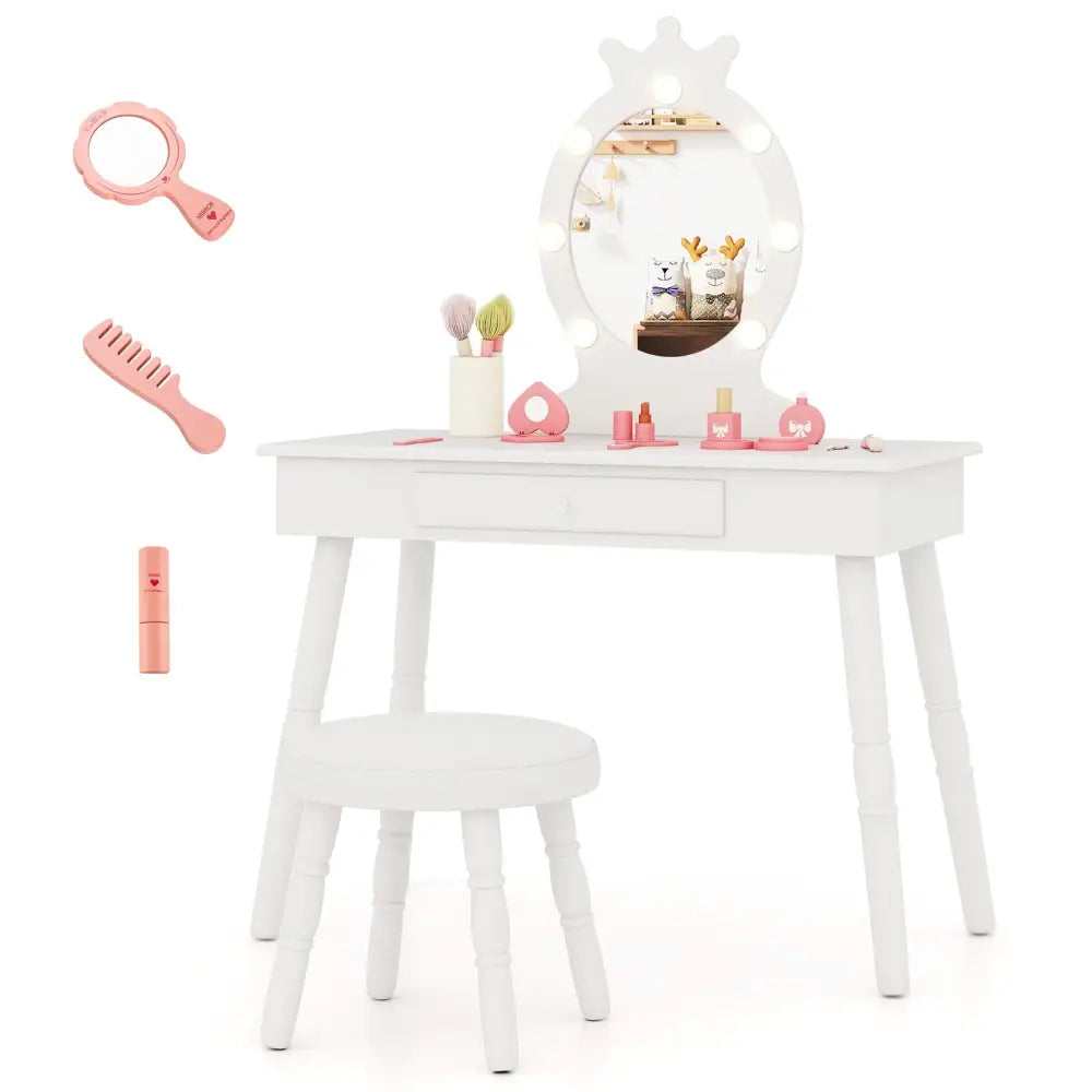 Kids Vanity Set with Lighted Mirror with Adjustable Brightness and Large Drawer-White - White - Kids Vanities