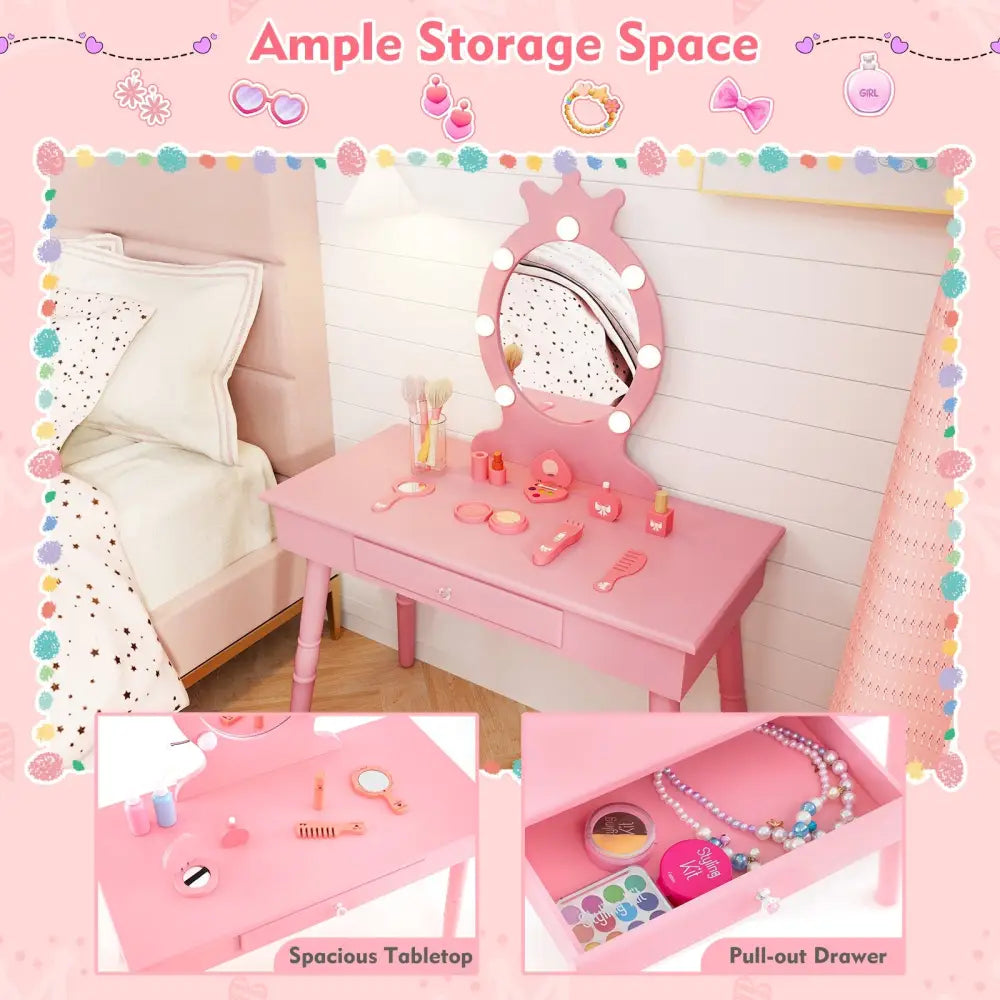 Kids Vanity Set with Lighted Mirror with Adjustable Brightness and Large Drawer-Pink - Pink - Kids Vanities