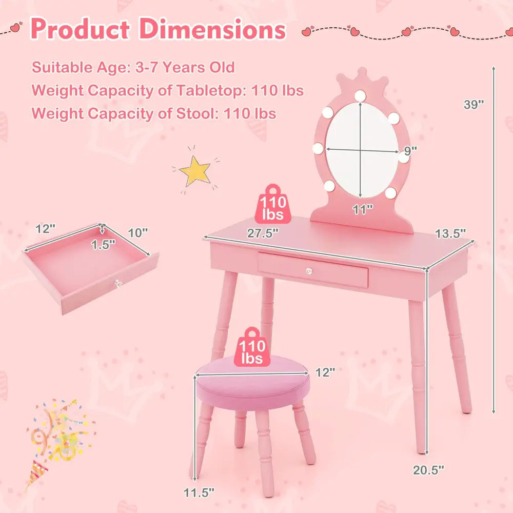 Kids Vanity Set with Lighted Mirror with Adjustable Brightness and Large Drawer-Pink - Pink - Kids Vanities