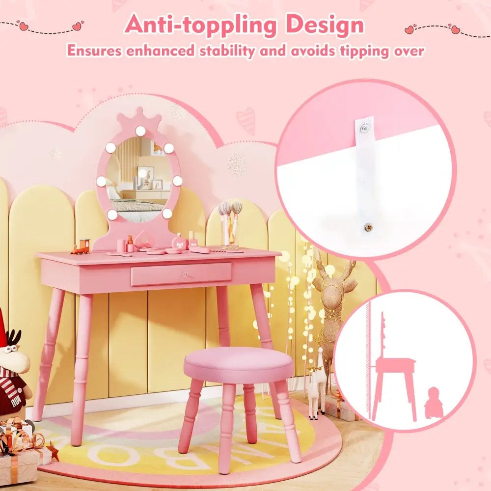 Kids Vanity Set with Lighted Mirror with Adjustable Brightness and Large Drawer-Pink - Pink - Kids Vanities