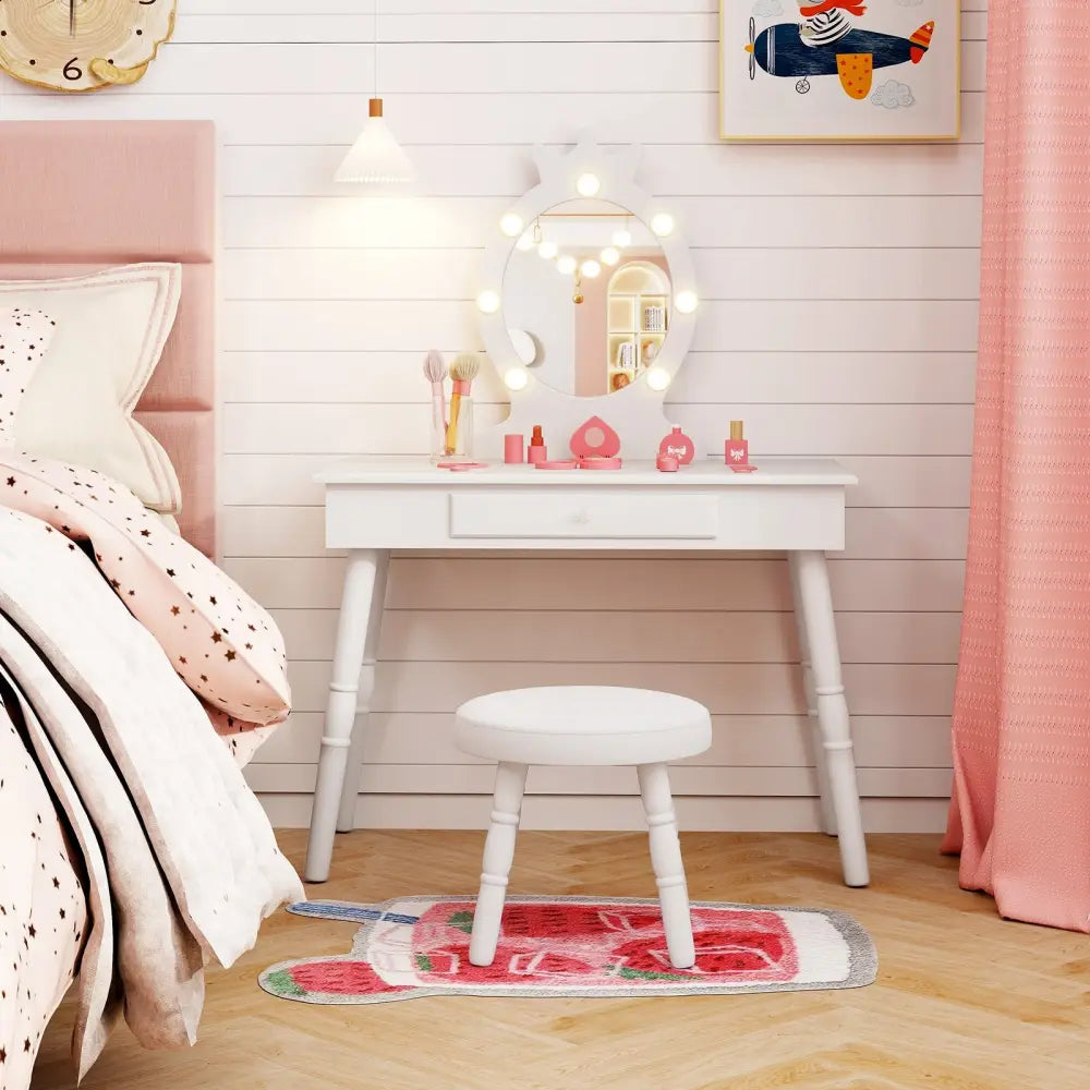 Kids Vanity Set with Lighted Mirror with Adjustable Brightness and Large Drawer-White - White - Kids Vanities
