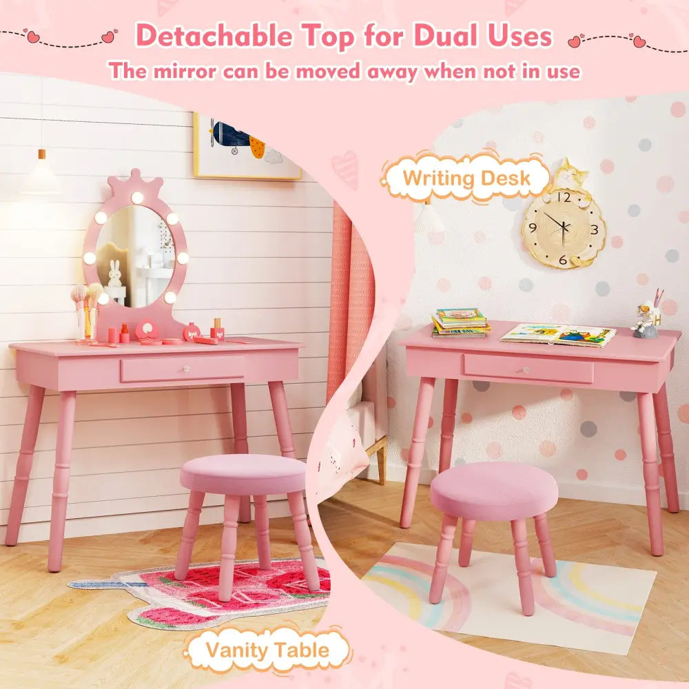 Kids Vanity Set with Lighted Mirror with Adjustable Brightness and Large Drawer-Pink - Pink - Kids Vanities