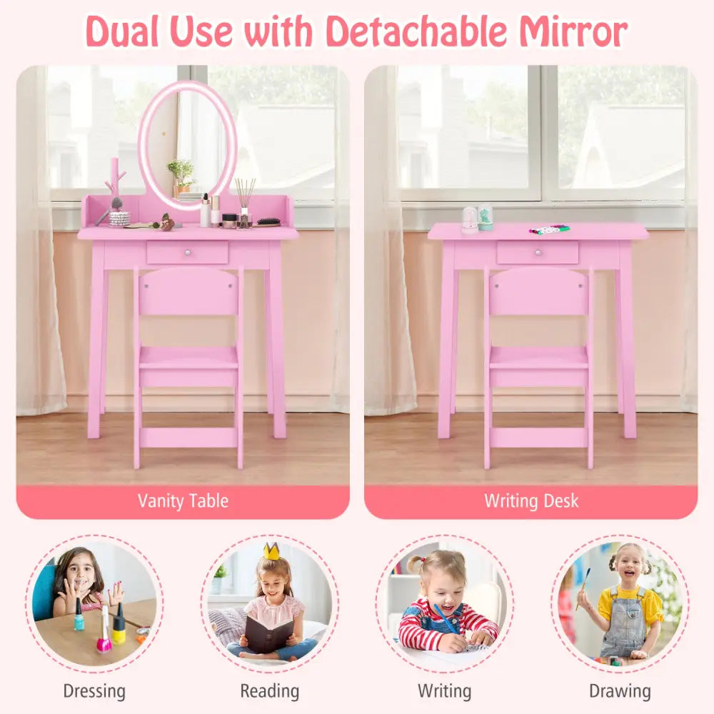 Kids Vanity Set with Lighted Mirror-Pink - Pink - Kids Vanities