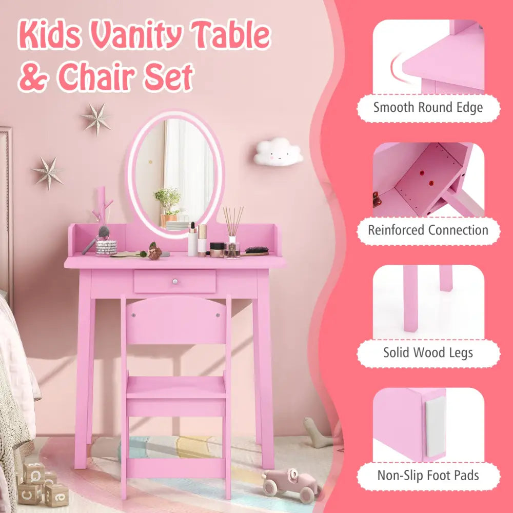 Kids Vanity Set with Lighted Mirror-Pink - Pink - Kids Vanities
