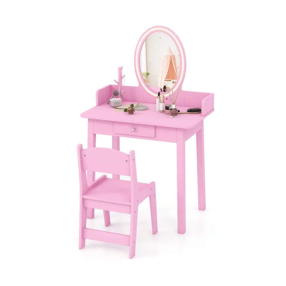 Kids Vanity Set with Lighted Mirror-Pink - Pink - Kids Vanities