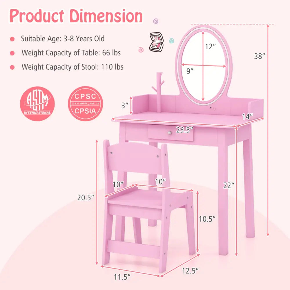 Kids Vanity Set with Lighted Mirror-Pink - Pink - Kids Vanities