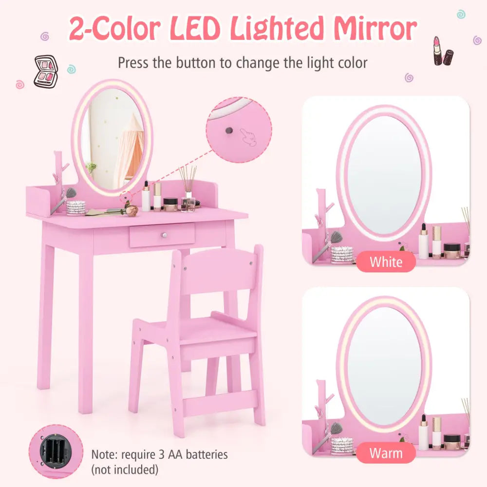 Kids Vanity Set with Lighted Mirror-Pink - Pink - Kids Vanities