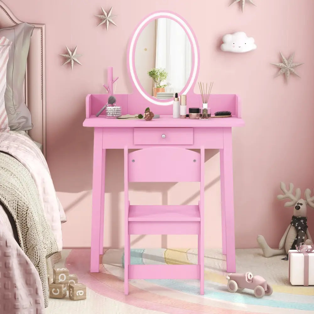 Kids Vanity Set with Lighted Mirror-Pink - Pink - Kids Vanities