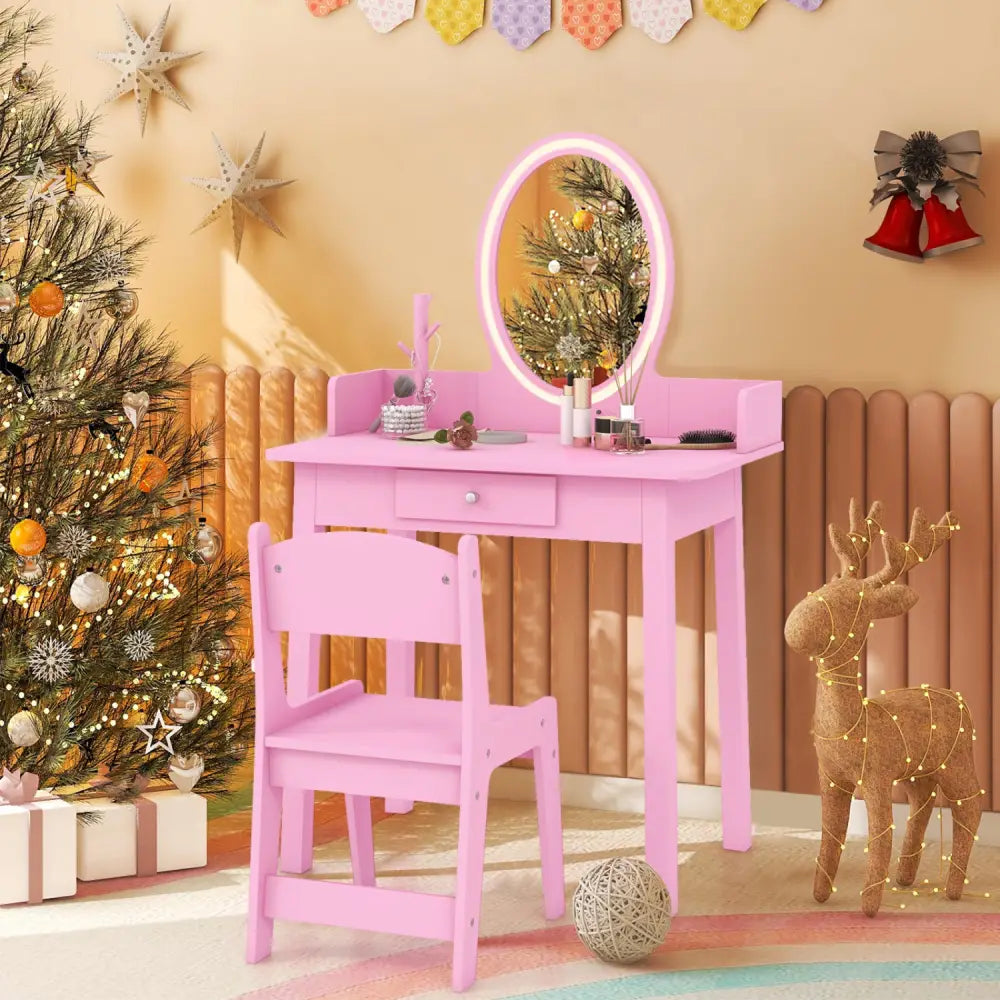 Kids Vanity Set with Lighted Mirror-Pink - Pink - Kids Vanities