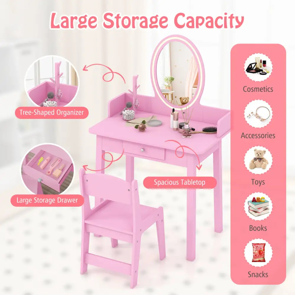 Kids Vanity Set with Lighted Mirror-Pink - Pink - Kids Vanities