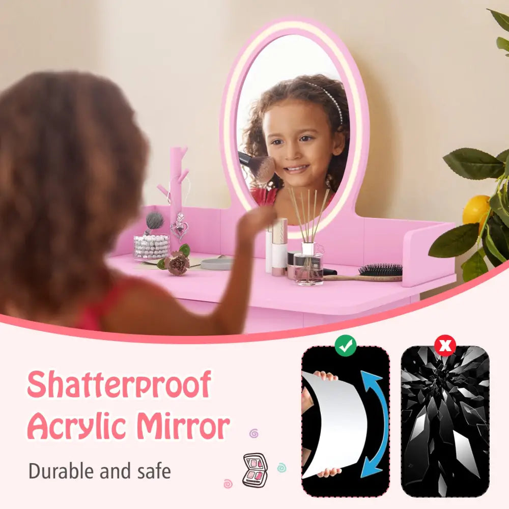 Kids Vanity Set with Lighted Mirror-Pink - Pink - Kids Vanities