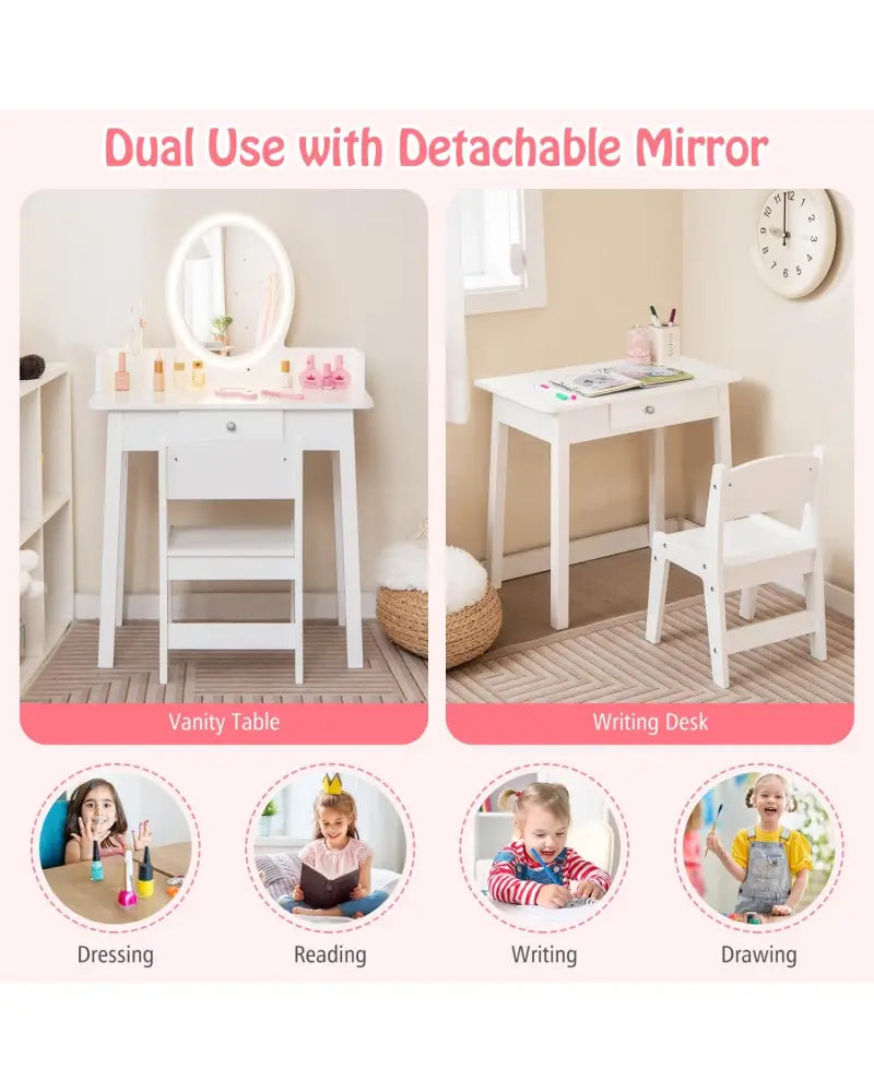 Kids Vanity Set with Lighted Mirror-White - White - Kids Vanities