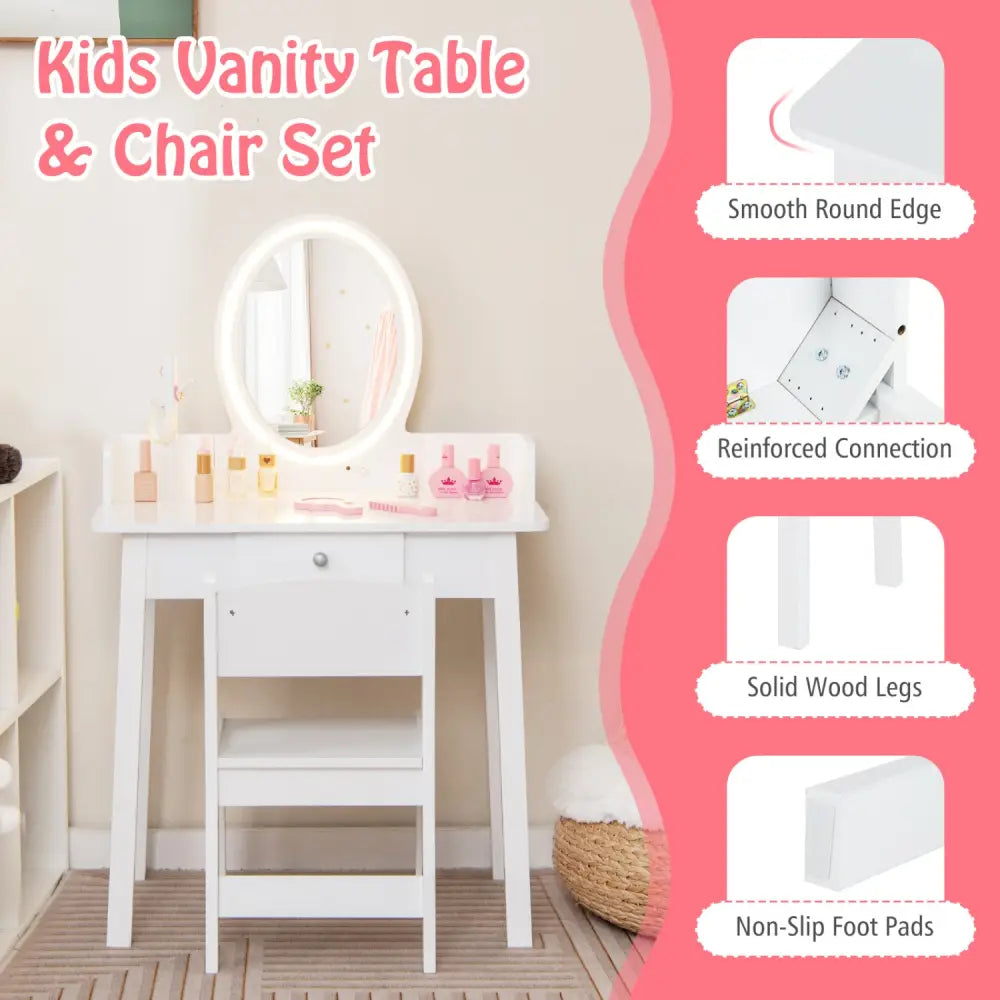 Kids Vanity Set with Lighted Mirror-White - White - Kids Vanities