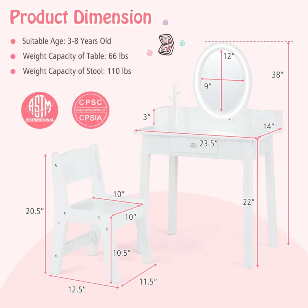 Kids Vanity Set with Lighted Mirror-White - White - Kids Vanities