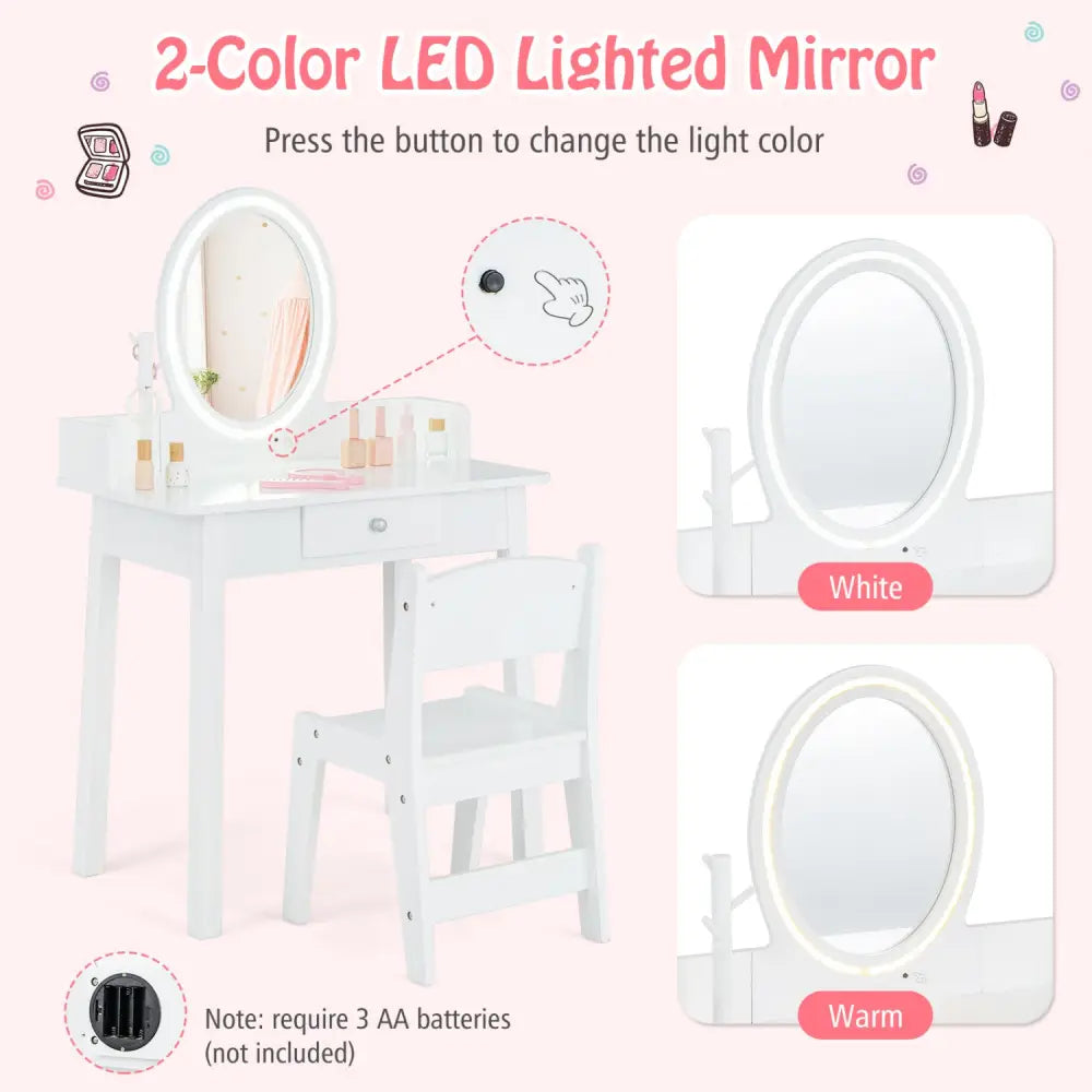 Kids Vanity Set with Lighted Mirror-White - White - Kids Vanities