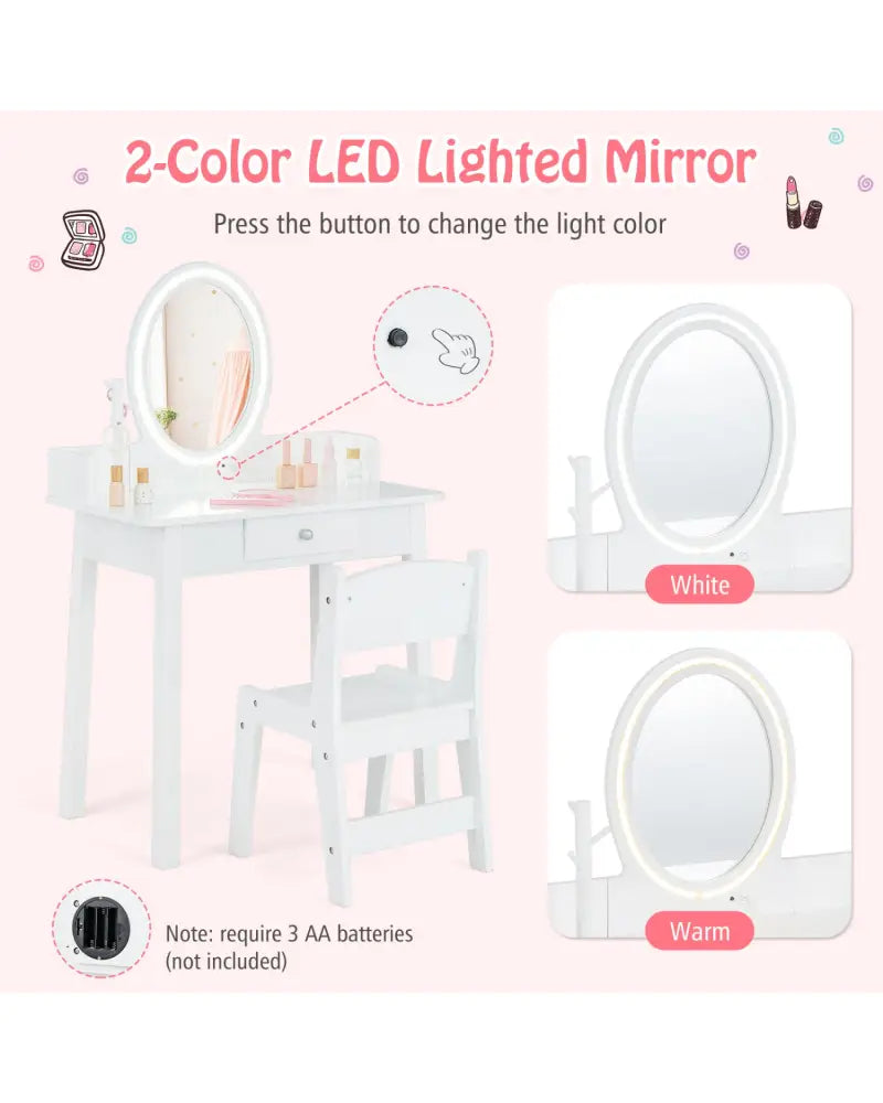 Kids Vanity Set with Lighted Mirror-White - White - Kids Vanities