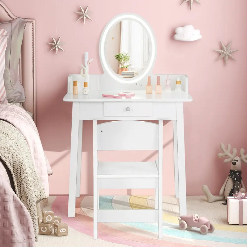 Kids Vanity Set with Lighted Mirror-White - White - Kids Vanities