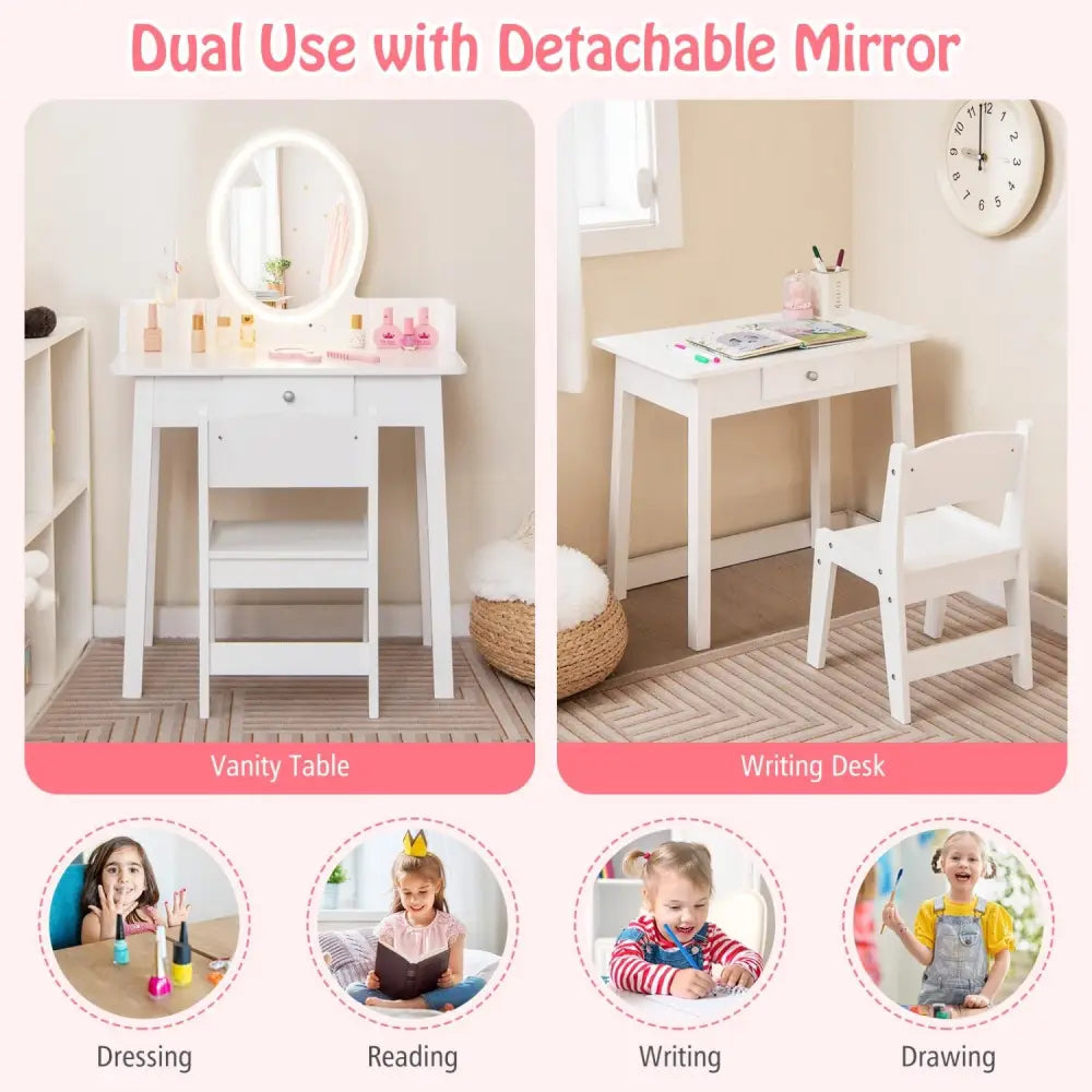 Kids Vanity Set with Lighted Mirror-White - White - Kids Vanities