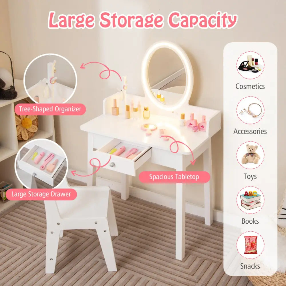 Kids Vanity Set with Lighted Mirror-White - White - Kids Vanities