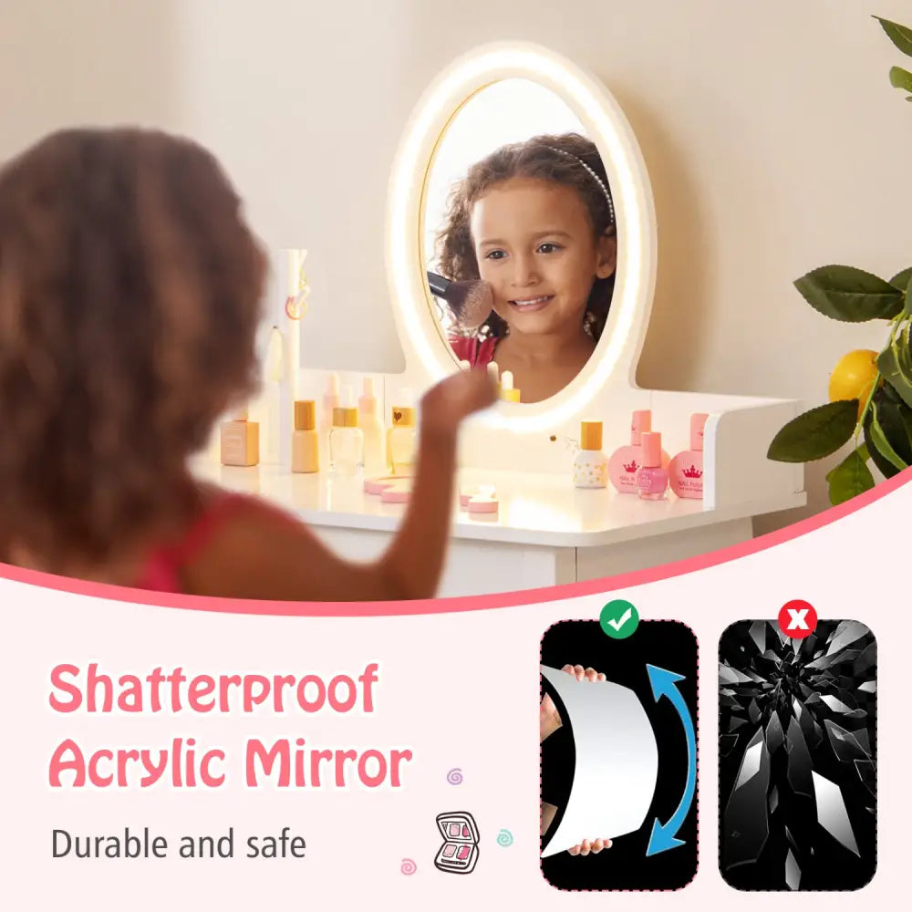 Kids Vanity Set with Lighted Mirror-White - White - Kids Vanities