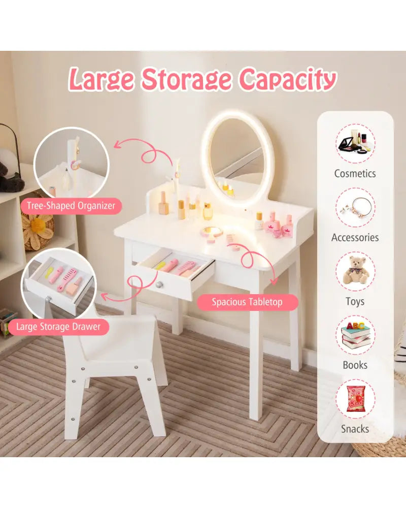 Kids Vanity Set with Lighted Mirror-White - White - Kids Vanities